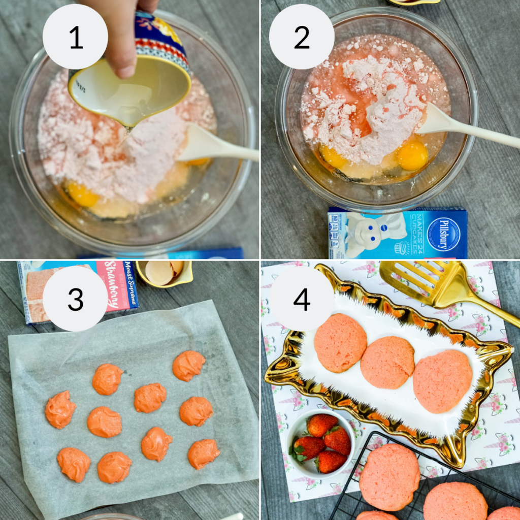 a collage of 4 images showing the steps needed to make a recipe with strawberry cake mix