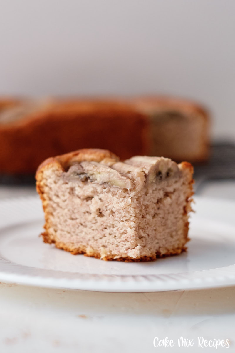 A side view of a finished banana bread with cake mix ready to eat. 