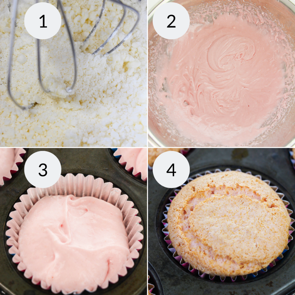 a collage of 4 images showing the steps needed to make cupcakes with cake mix and soda