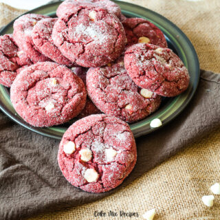 A top down look at the finished red velvet cake mix cookies ready to eat.
