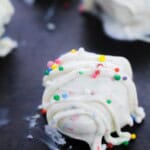 A close up on the sugar cookie truffle with rainbow sprinkles.