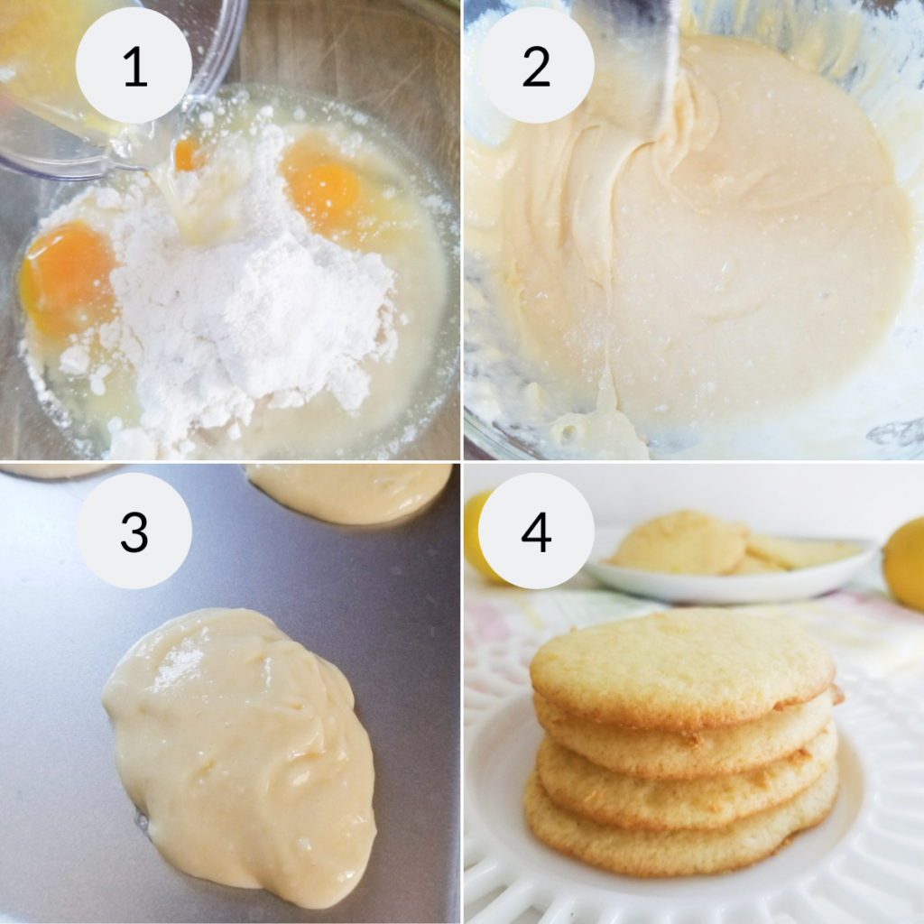 a collage of 4 images showing the steps needed to make lemonade cookies with cake mix