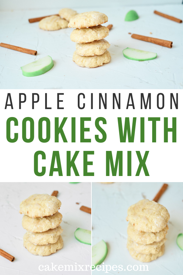 pin showing the finished apple cinnamon cookies with cake mix.