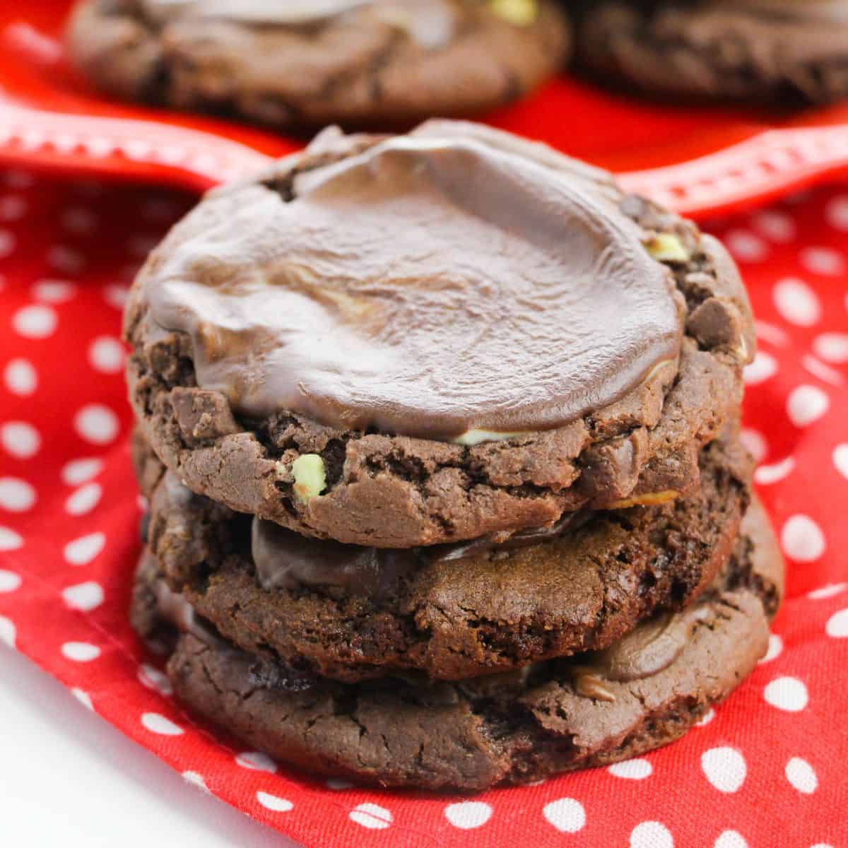 A stack of chocolate mint cookies.