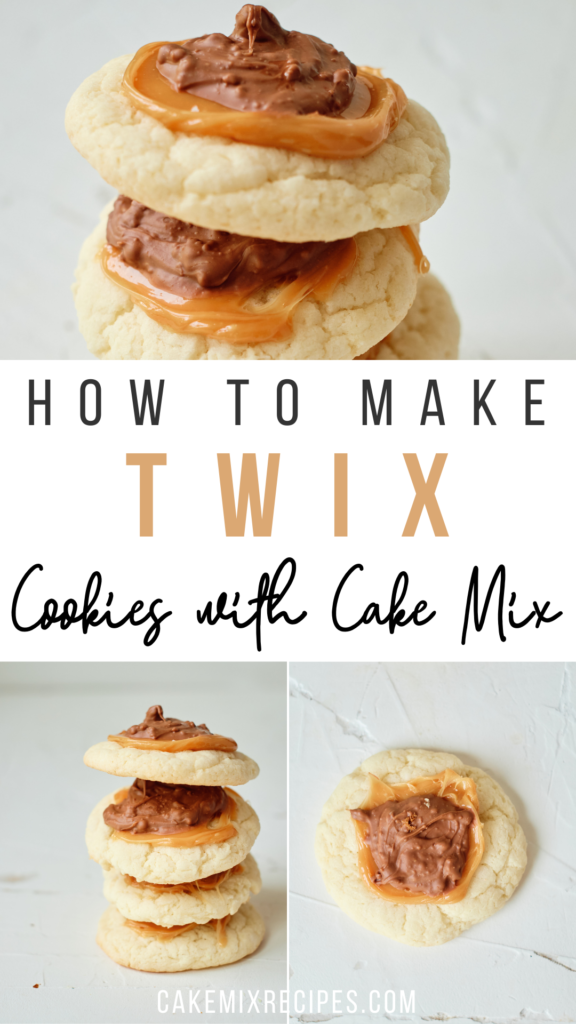 Pin showing the finished Twix cookie recipe with title across the middle.