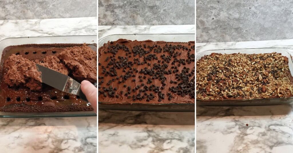 Poking the holes and adding the filling and frosting the cake.