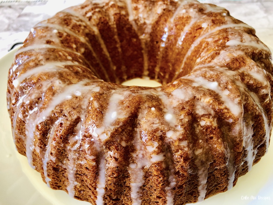 Glaze drizzled on the cake. 