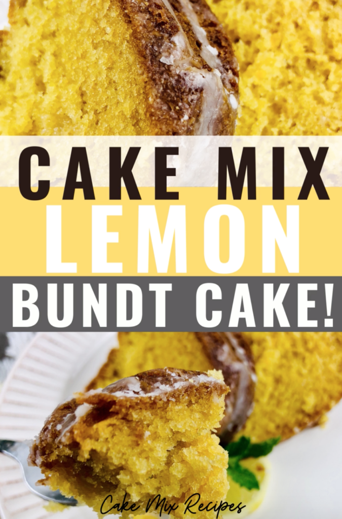 The finished lemon bundt cake with cake mix pin
