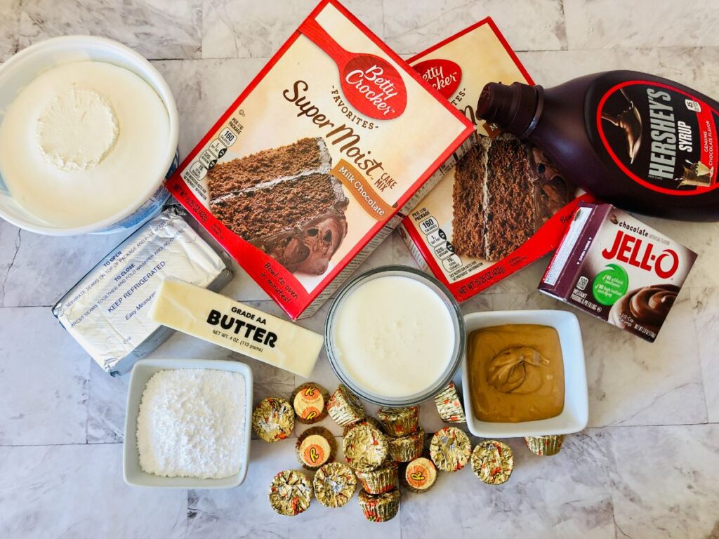 ingredients needed to make peanut butter chocolate cake.