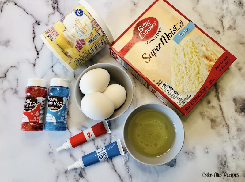 baking essentials for making layered red white and blue cupcakes. 