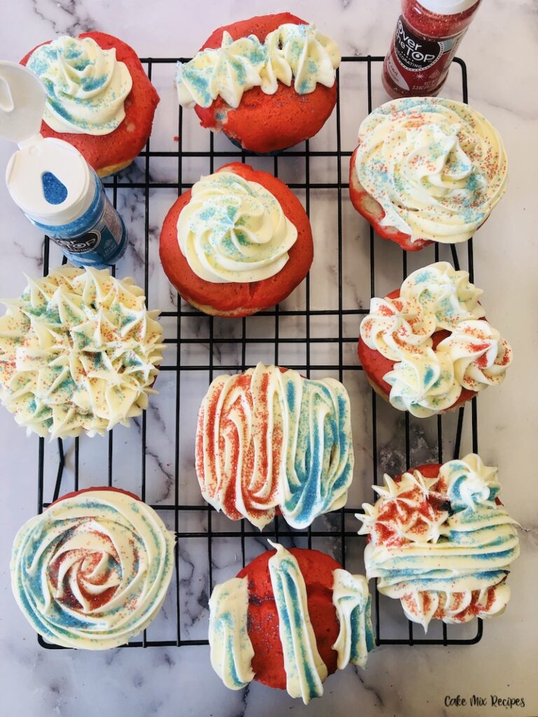 Decorated layered red white and blue cupcakes ready to be enjoyed. 