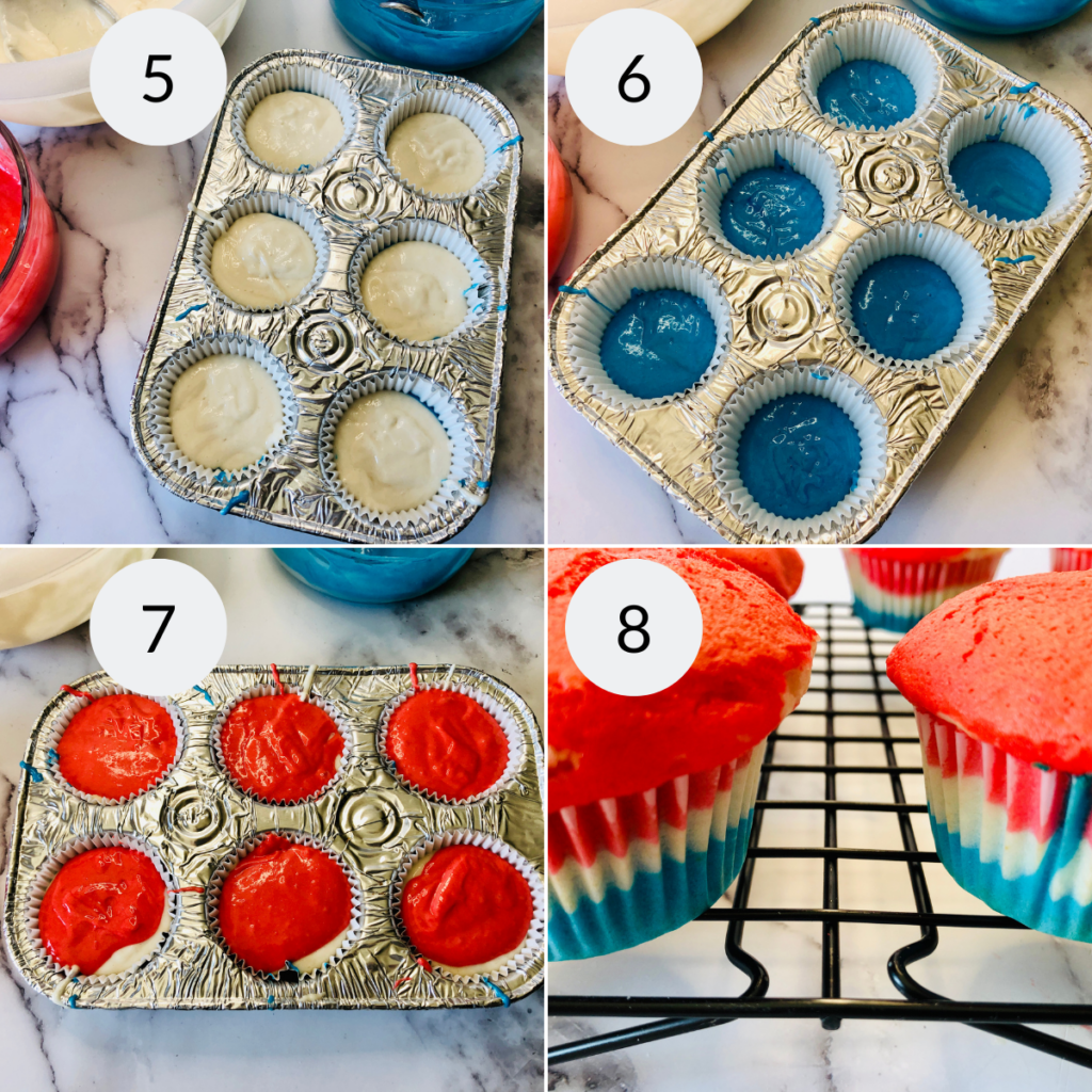 a collage of 4 images showing the steps needed to layer the batter to make patriotic cupcakes
