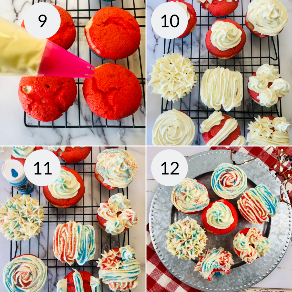 a collage of 4 images showing how to decorate patriotic birthday cakes