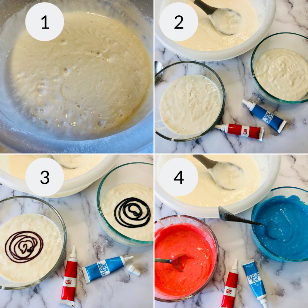 a collage of 4 images showing how to make the batter for patriotic birthday cake