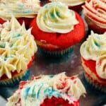 A tray of the red white and blue cupcakes.
