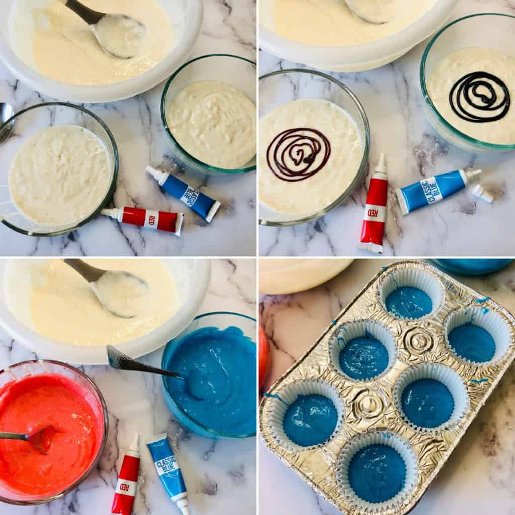 Mixing the batter and filling the cupcake pans.