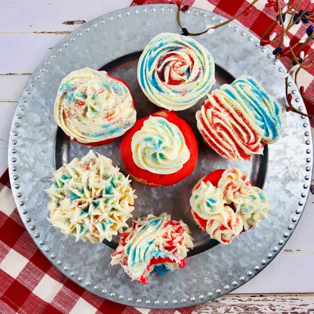 A top shot of the red white and blue cupcakes.
