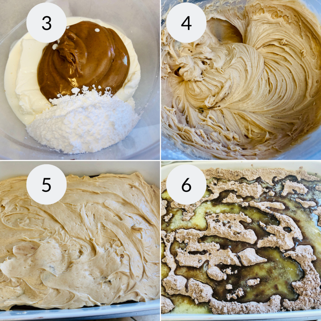 a collage of 4 images showing how to make the topping for chocolate peanut butter cake recipes.