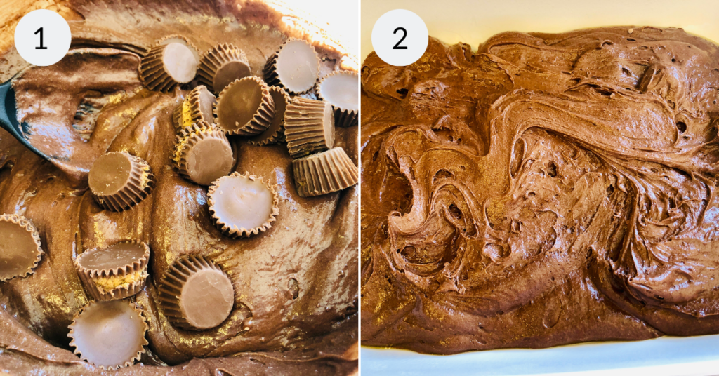 a collage of 2 images showing how to make the batter for peanut butter and chocolate cake.