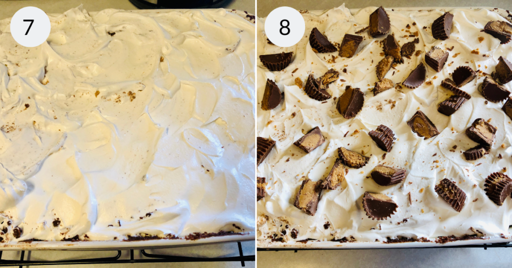 a collage of 2 images showing how to decorate the top of the best chocolate peanut butter cake.