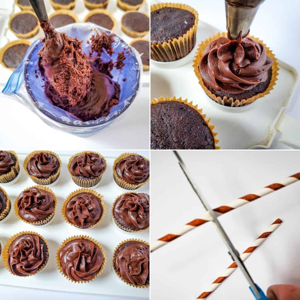 Decorating the finished root beer cupcakes.