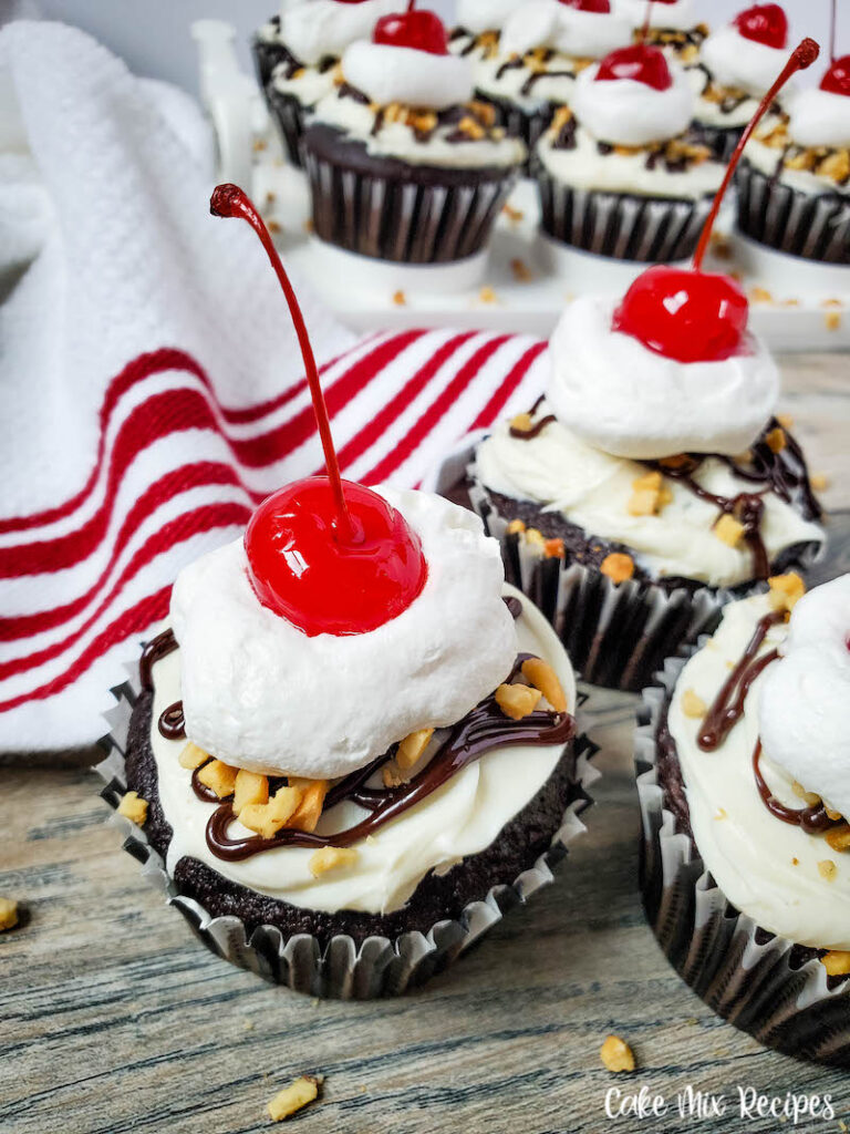 A look at the finished hot fudge sundae cupcakes. 