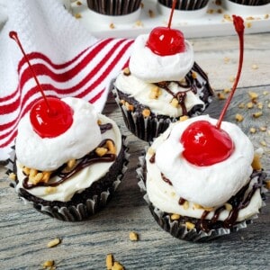 Three hot fudge cupcakes.