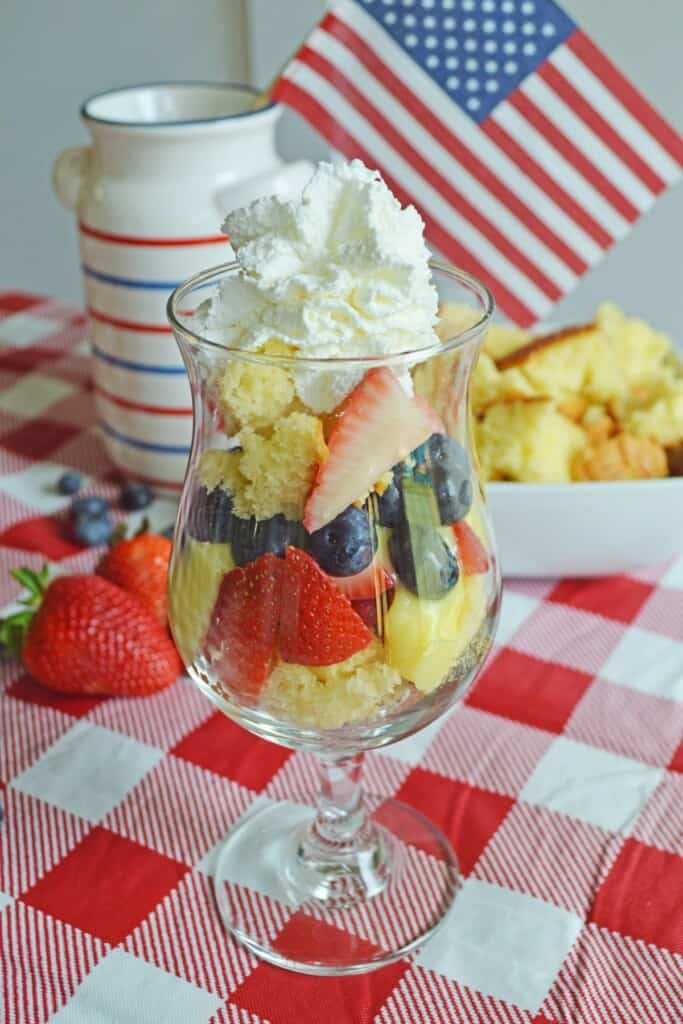 A fun and festive strawberry blueberry trifle.
