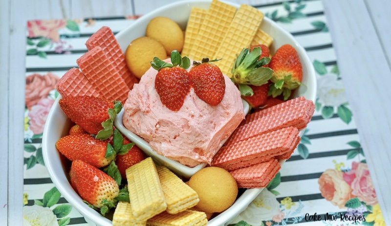 A close up look at the finished strawberry cake batter dip ready to eat. 