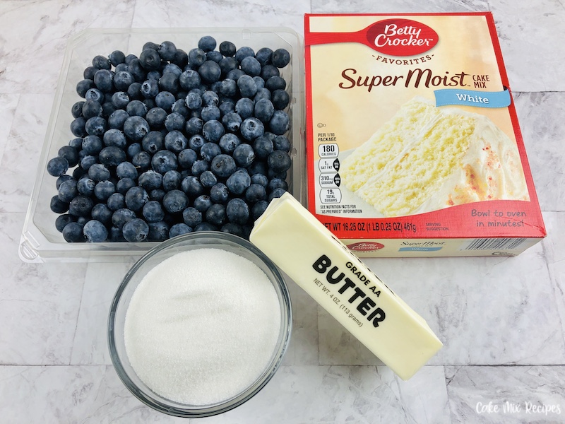 Ingredients needed to make blueberry dump cake recipe.