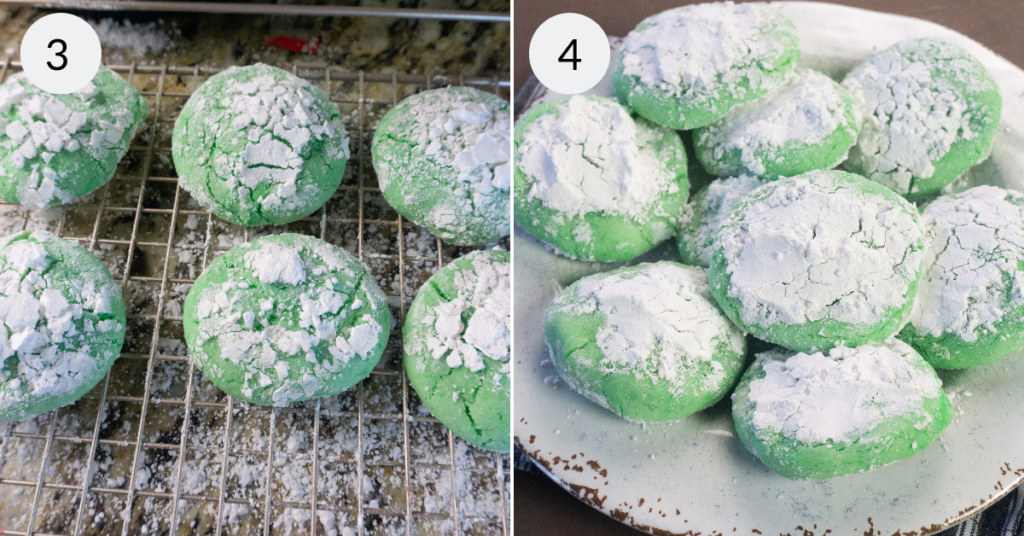 a collage of 2 images showing how to finish the grinch cookies.