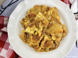 A top down look at the finished caramel apple dump cake recipe ready to eat.