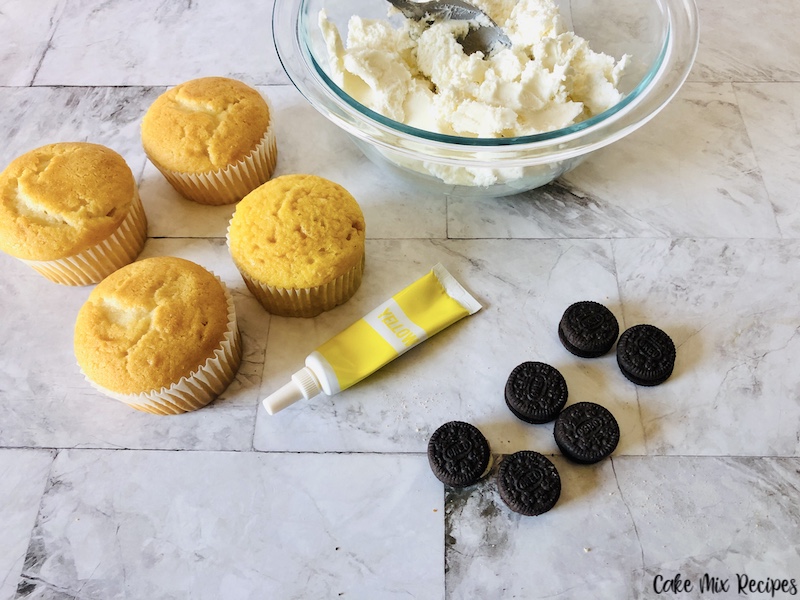 ingredients needed to make sunflower cupcakes. 