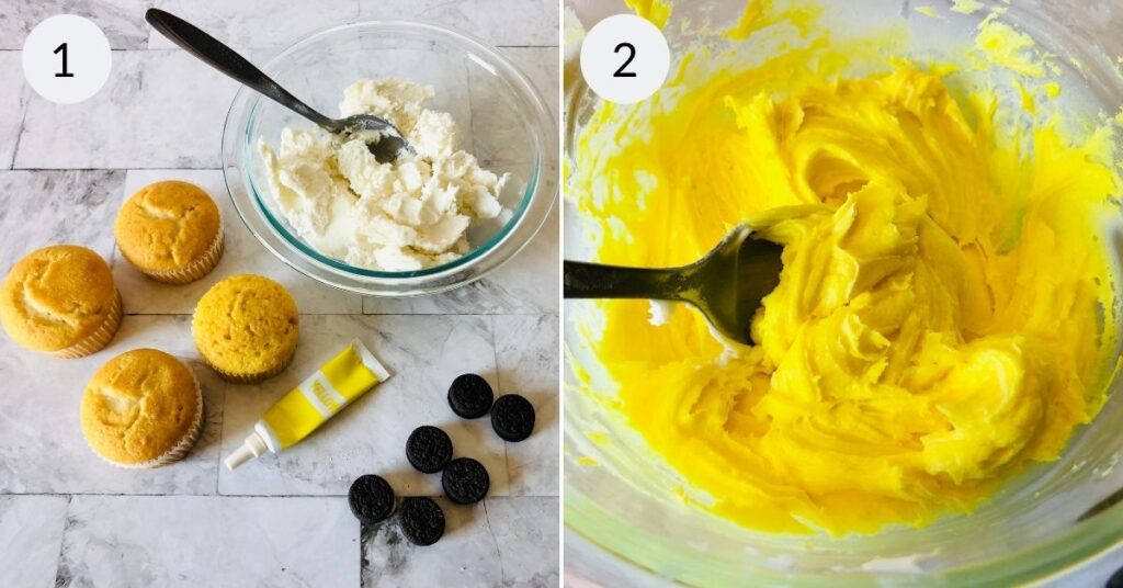 a collage of 2 images showing the ingredients and a bowl of yellow frosting needed to make summer cupcakes