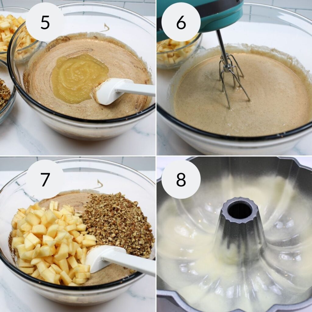 a collage of 4 images showing the steps needed to make the batter and prepare the pan for an applesauce bundt cake