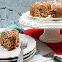 Finished recipe for apple bundt cake sliced and ready to share.