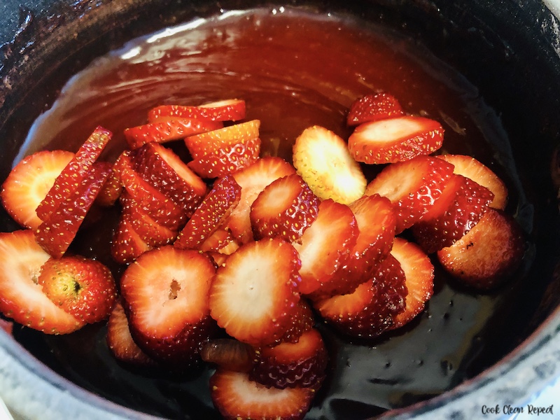 Removed from heat and ready for the sliced strawberries to be added to the sauce pot. 