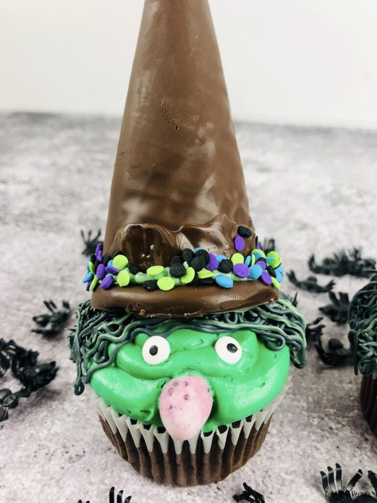 A look at the finished green halloween witch cupcakes up close. 