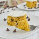 featured image showing the finished pumpkin chocolate chip cake ready to eat.
