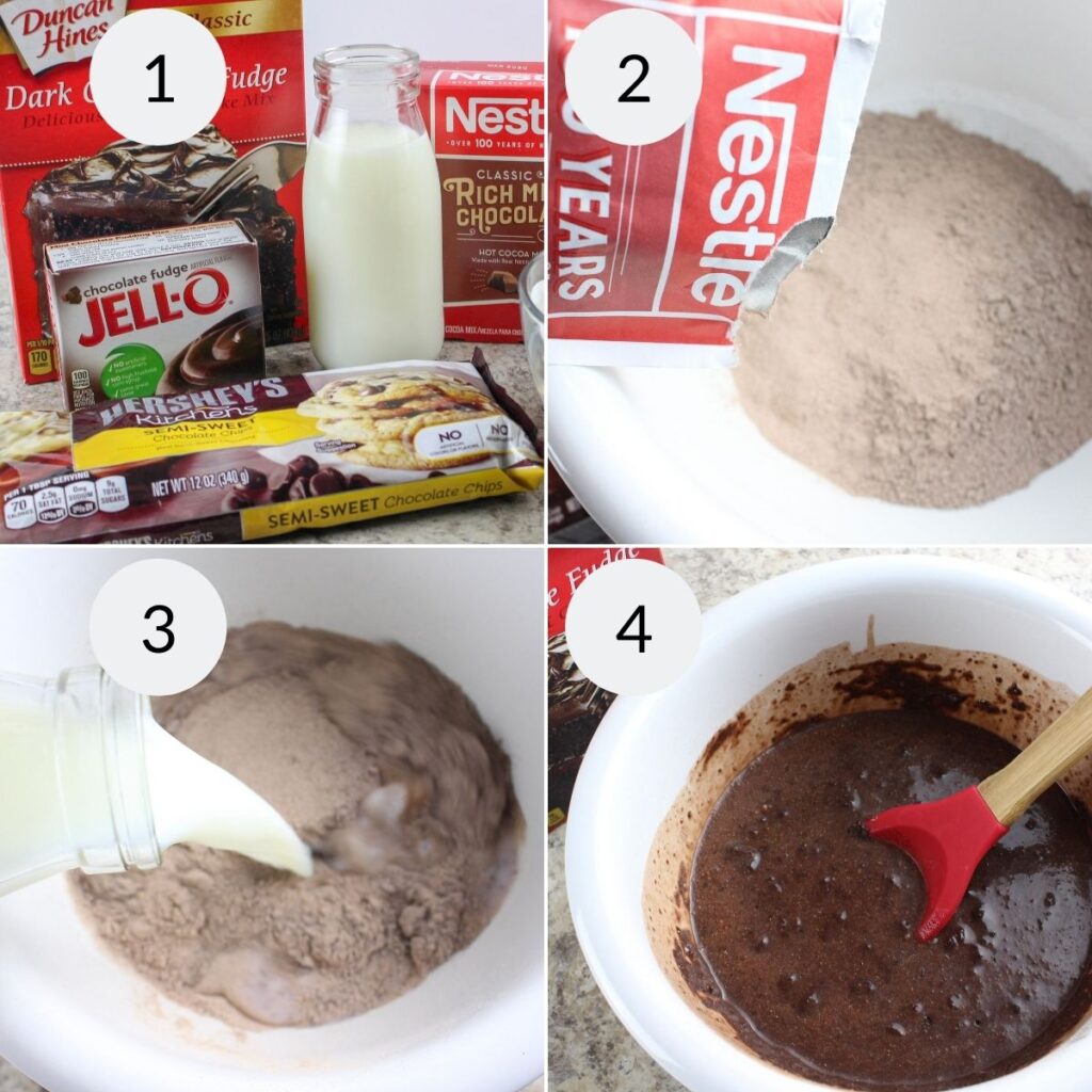 a collage of 4 images showing how to make the batter for hot cocoa chocolate dump cake