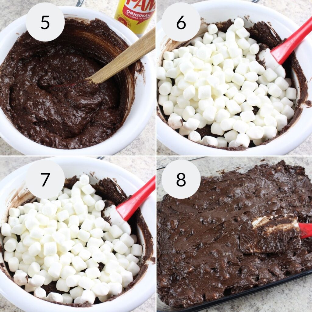 a collage of 4 images showing how to add the ingredients into the cake batter