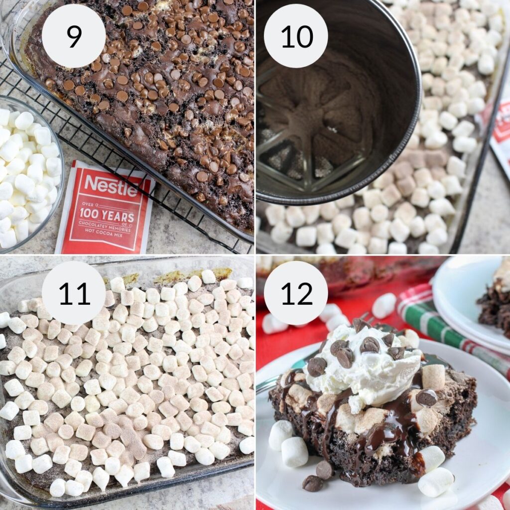 a collage of 4 images showing how to add the toppings and server hot cocoa chocolate dump cake