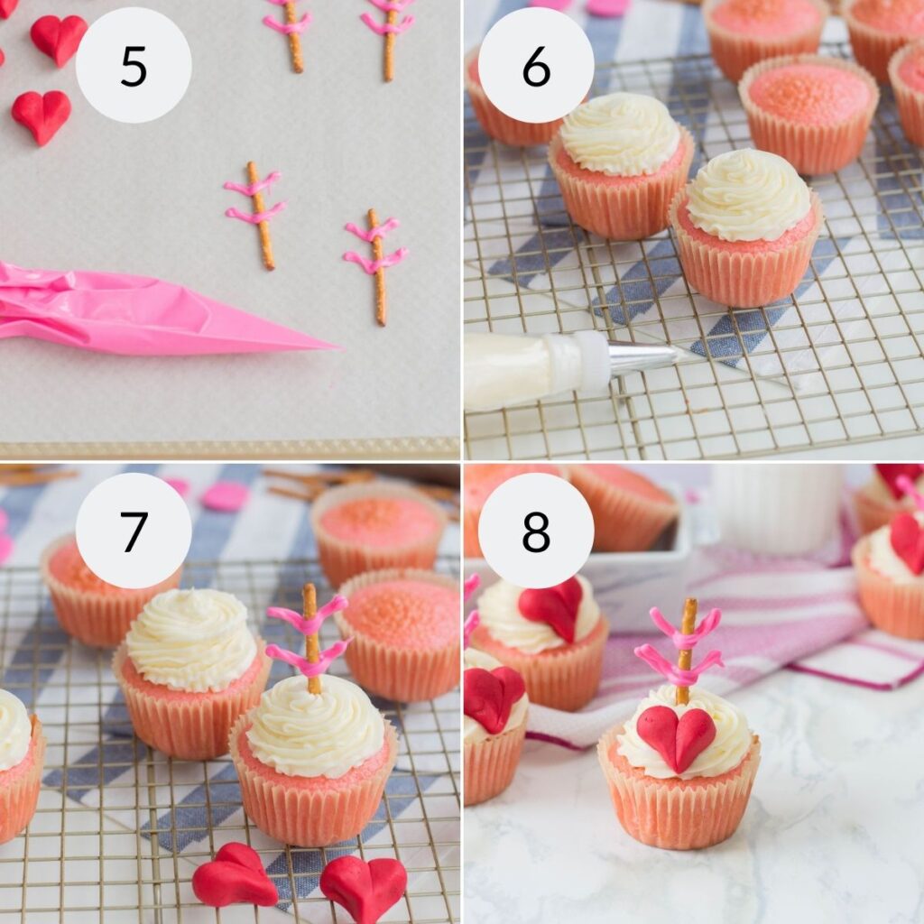 a collage of 4 images showing the steps needed to make Cupid's bow valentine's day cupcakes