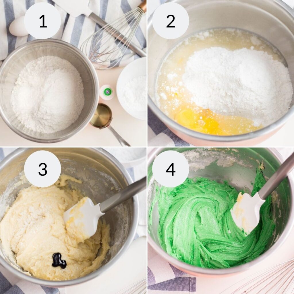 a collage of 4 images showing the steps needed to make the batter for green cake mix cookies