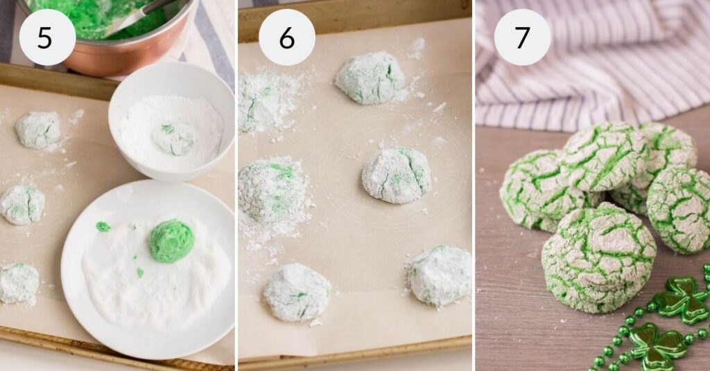 a collage of 3 images showing how to coat the cookie dough in sugar, bake the cookies, and serve the cookies