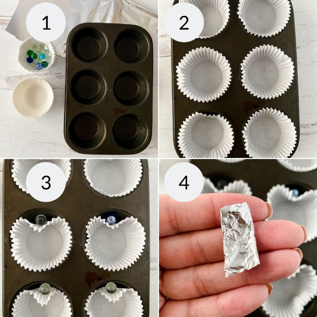 a collage of 4 images showing the steps needed to shape cupcake liners into hearts