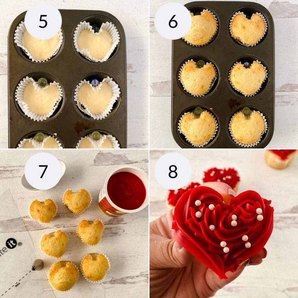 a collage of 4 images showing the steps needed to bake and decorate heart cupcakes
