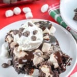 A slice of hot cocoa chocolate cake dump cake.