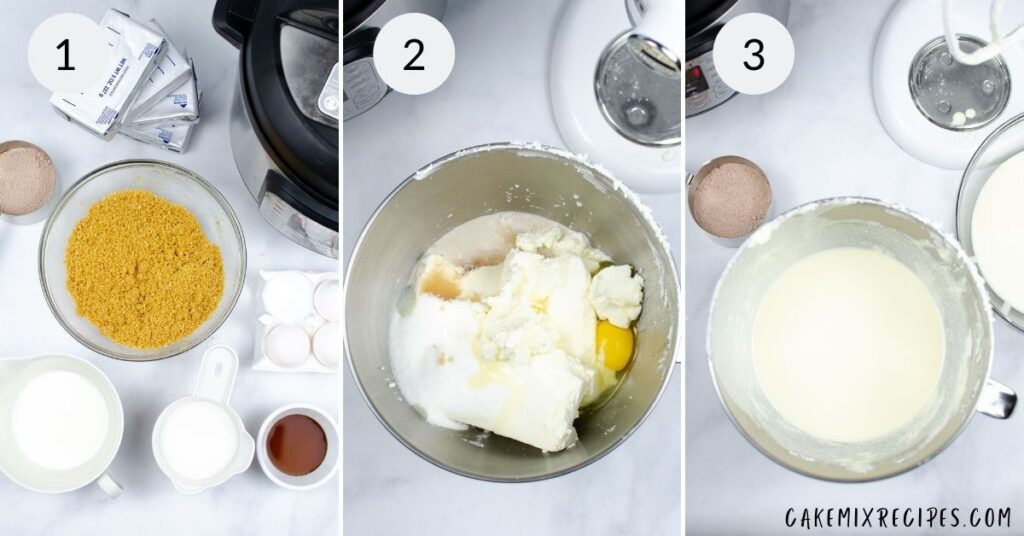 3 images showing the steps needed to make the cheesecake crust and batter
