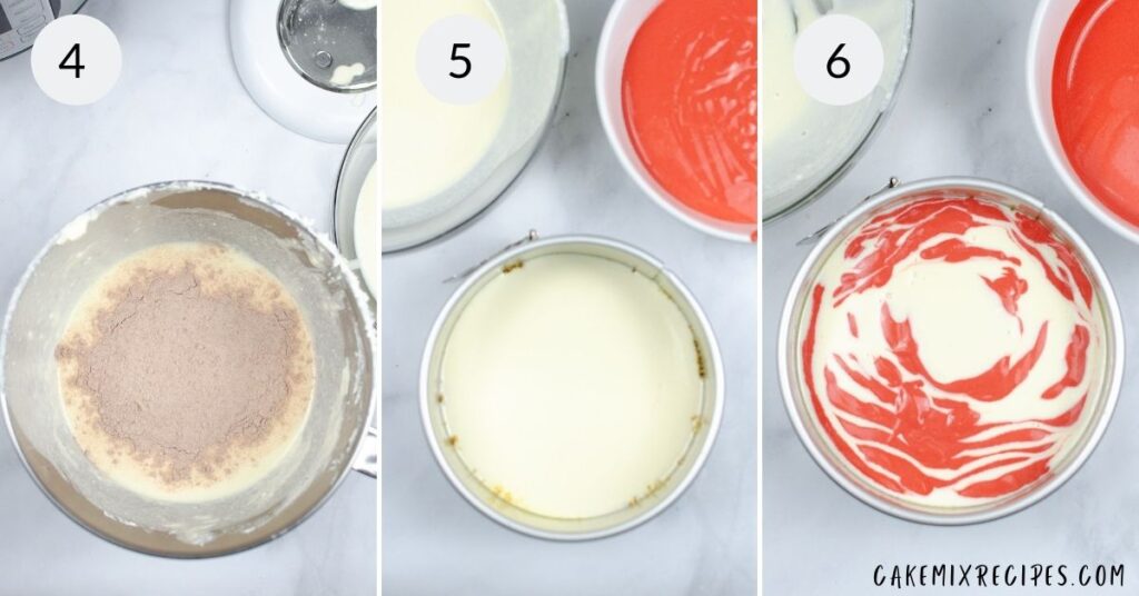 3 images showing how to make the red velvet cheesecake batter